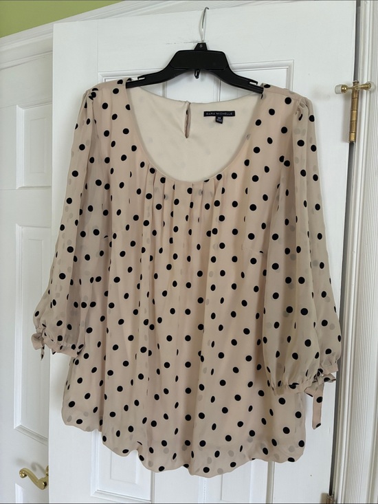 Sara Michelle Tops - Sara Michelle Beige and Black Polka Dot Blouse - Scoop Neck, 3/4 Sleeve